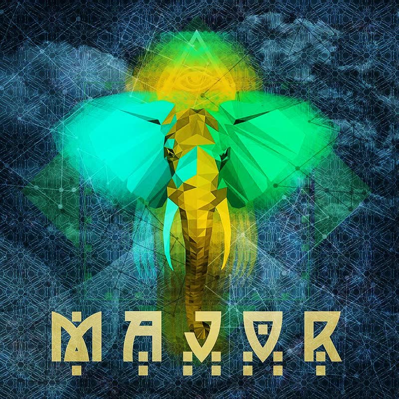 Low-poly turquoise and gold elephant with an all-seeing-eye triangle over sacred-geometry network texture, MAJOR type